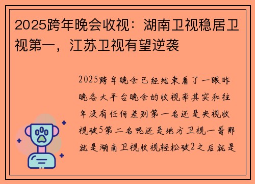 2025跨年晚会收视:湖南卫视稳居卫视第一,江苏卫视有望逆袭