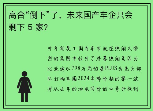高合“倒下”了,未来国产车企只会剩下 5 家?