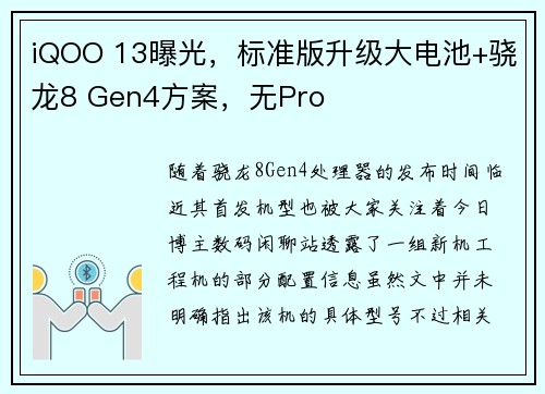 iQOO 13曝光,标准版升级大电池+骁龙8 Gen4方案,无Pro