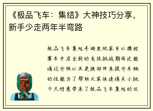 《极品飞车:集结》大神技巧分享,新手少走两年半弯路