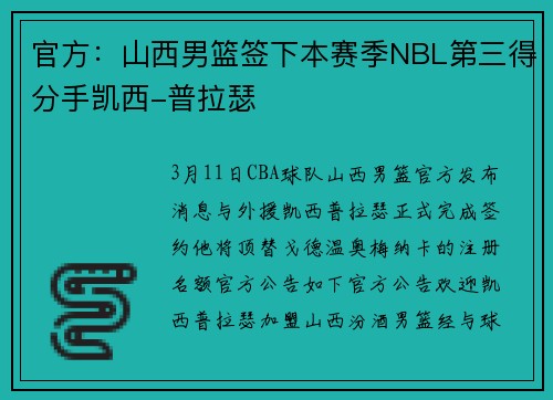官方:山西男篮签下本赛季NBL第三得分手凯西-普拉瑟